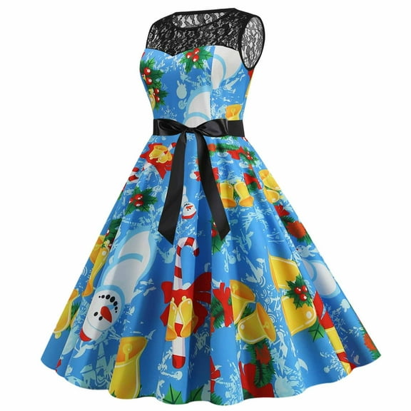 IROINNID Women's Sleeveless Prints A-Line Dress Vintage Lace Fashion Christmas 1950s Housewife Evening Party Prom Dress V-Neck Knee-Length Dress