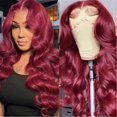 thumbnail image 1 of Peluca de encaje frontal de cabello humano color borgoña 99J, 13x4, onda corporal, pre-depilada, densidad del 150% con cabello de bebé., 1 of 5