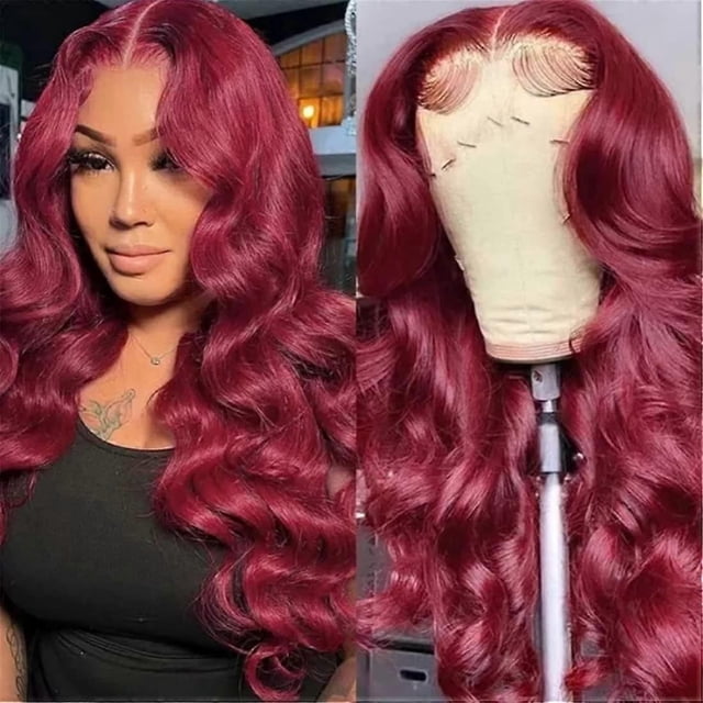 Peluca de encaje frontal de cabello humano color borgoña 99J, 13x4, onda corporal, pre-depilada, densidad del 150% con cabello de bebé.