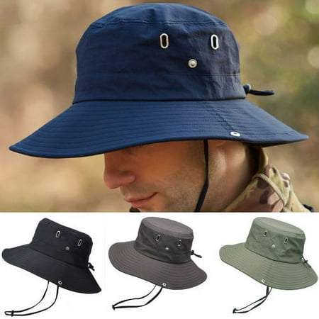 harmtty Summer Men Bucket Hat Solid Color Anti Sun Wide Brim Adjustable Fisherman Cap for Fishing Cream Coloured
