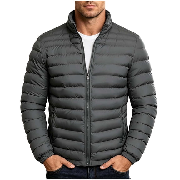QIYAGBSA Puffer Jackets for Men Stand Collar No Hood Zip Up Quilted with Zipper Pockets Winter Warm Lightweight Padded Coat for Cold Mornings and Outdoor Walks