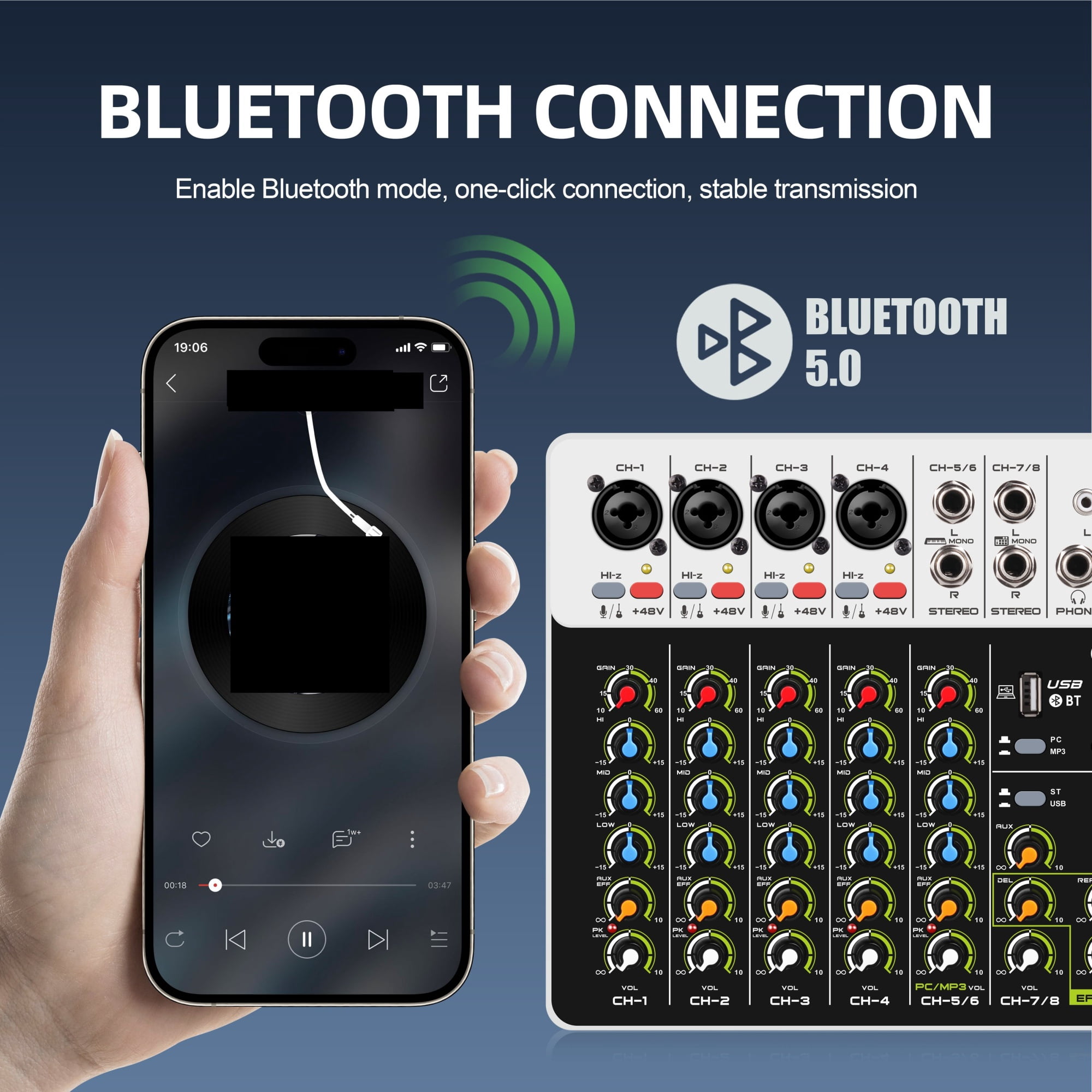 Interface Mixer, DJ Console with Bluetooth 5.0 USB Phantom Power, Delayed Playback Effects