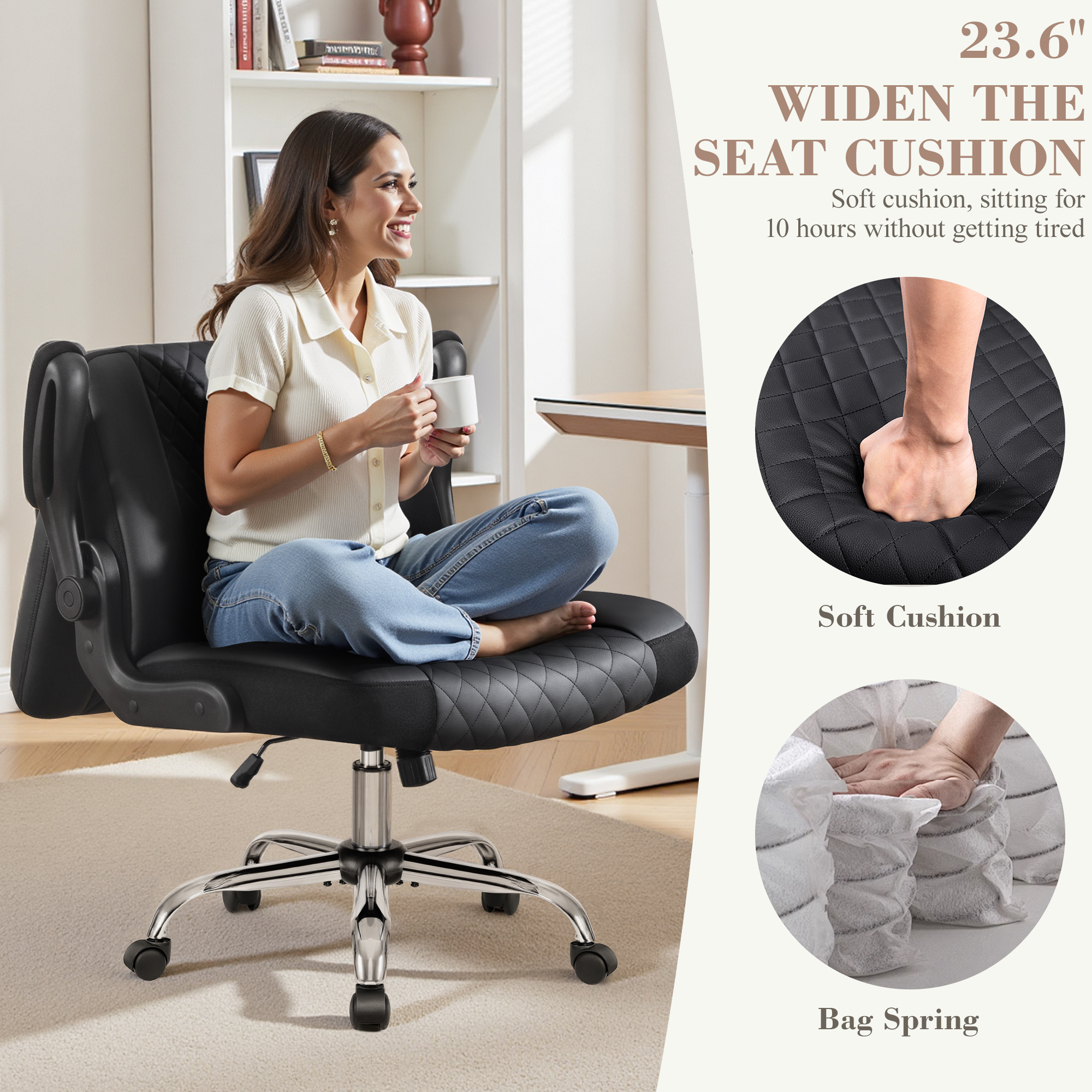 Primy Criss Cross Office Chair with 2-in-1 Flip Backrest, Ergonomic PU Leather Floor Sitting Chair, 360° Swivel Flip-Up Arms, Extra-Wide Seat