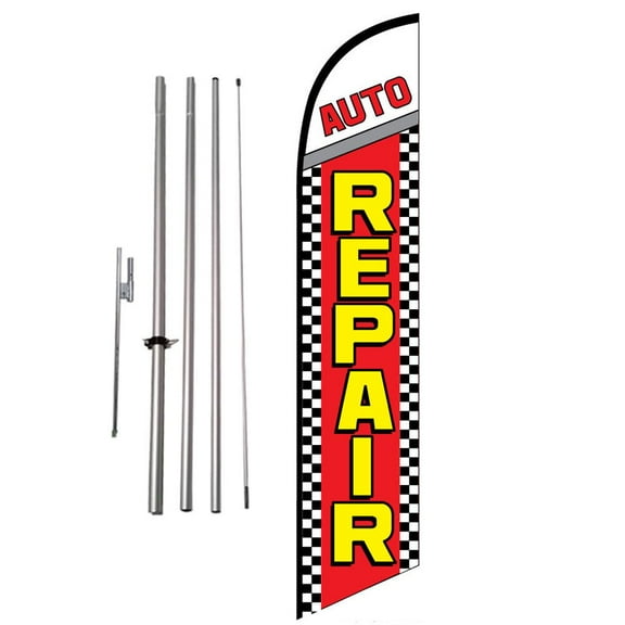 Auto Repair checkered 15' Feather Banner Swooper Flag Kit with pole & spike