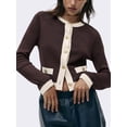 thumbnail image 5 of Women'S Contrast Trim Long Sleeve Button Front V Neck Cardigan Brown S, 5 of 7