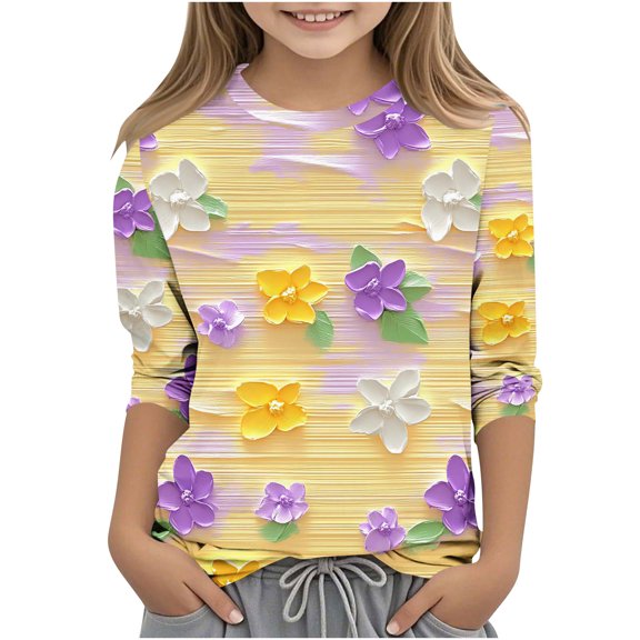 3/4 Length Sleeve Tops for Teen Girls Crewneck Trendy Colorful Floral Printed Summer Tops Kids Lightweight Cozy Blouse