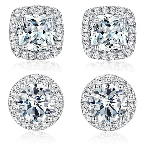 Set of 2 Pairs Cubic Zirconia 18K White Gold Plated Stud Earrings