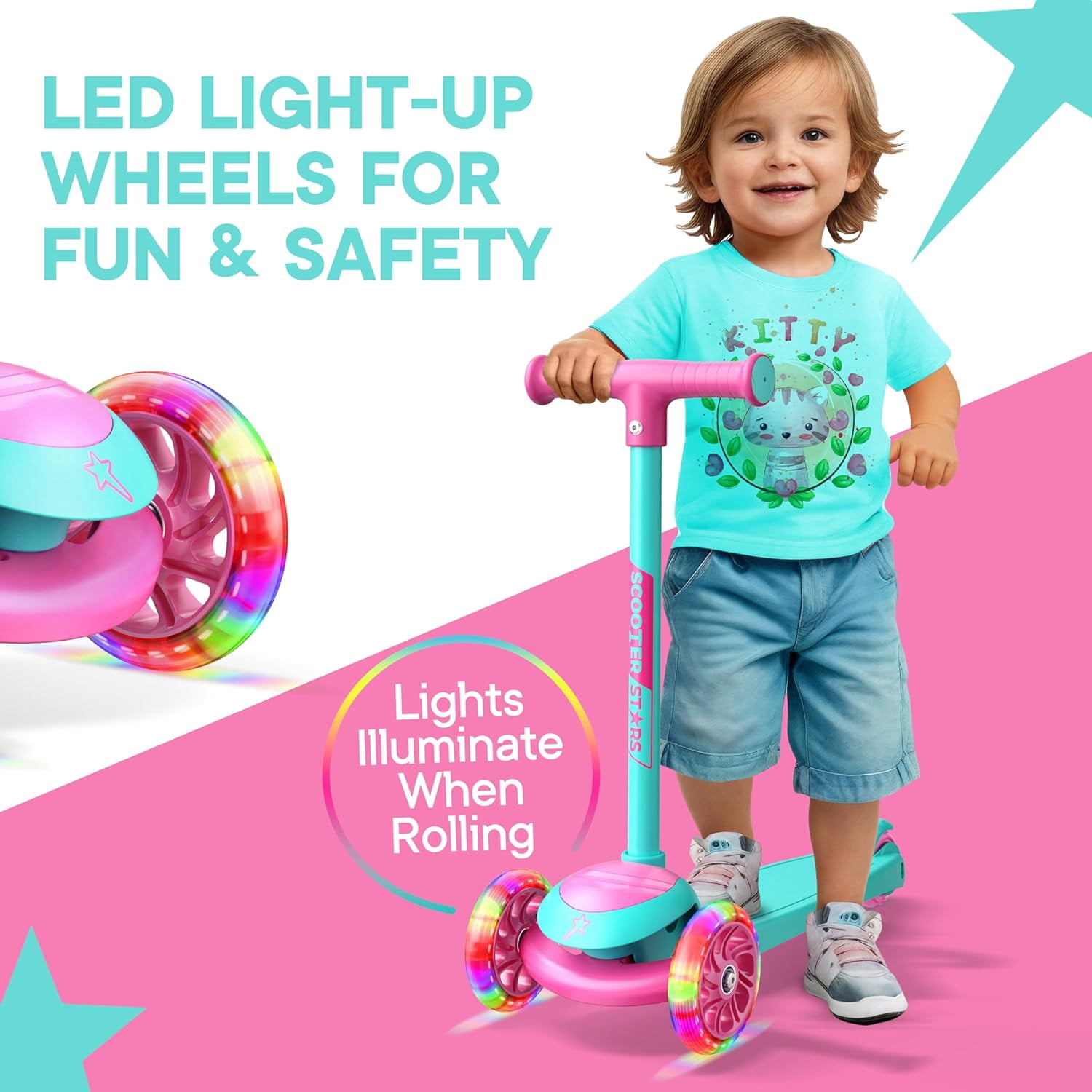 Scooter Stars 3-Wheel Kids Scooter with Light-Up LED Front Wheels, Wide Anti-Slip Deck, Rear Foot Brake, Lean-to-Steer Ride-On Toy