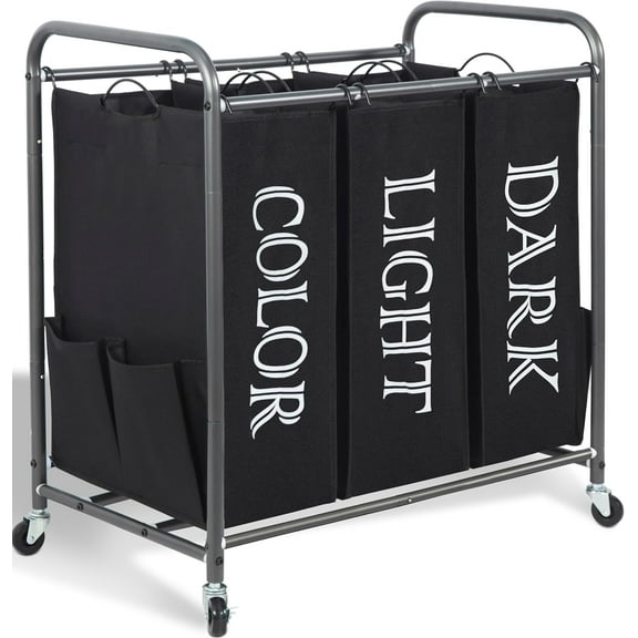 3 Section Laundry Sorter, 35.9 Gal (136 L) Laundry Hamper Cart with Heavy Duty Rolling Lockable Wheels and Removable Bags, Clothes Organizer Basket Clothes Separator Hamper, Gray