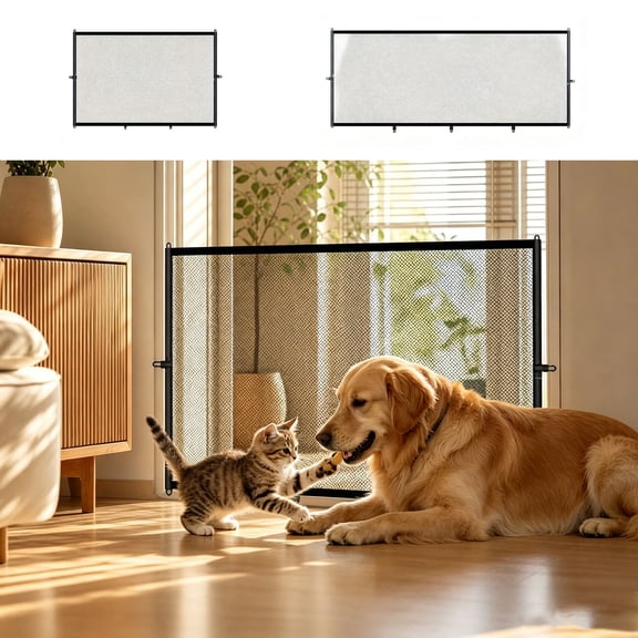 No Drill Mesh Pet Gate for Doorways and Stairs, Adjustable Indoor Dog and Cat Safety Barrier with Bottom Hooks and Built In Pet Door