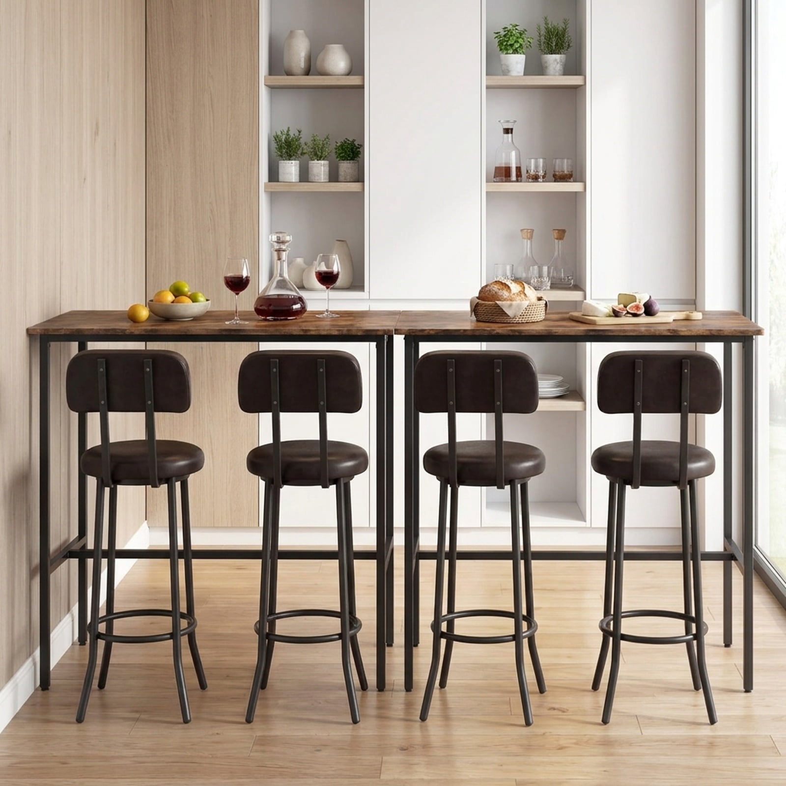 Furnibear 3-Piece Industrial Bar Table Set with 2 Upholstered Stools and Footrests for Dining Room for Kitchen Dining Room Breakfast, Rustic Brown