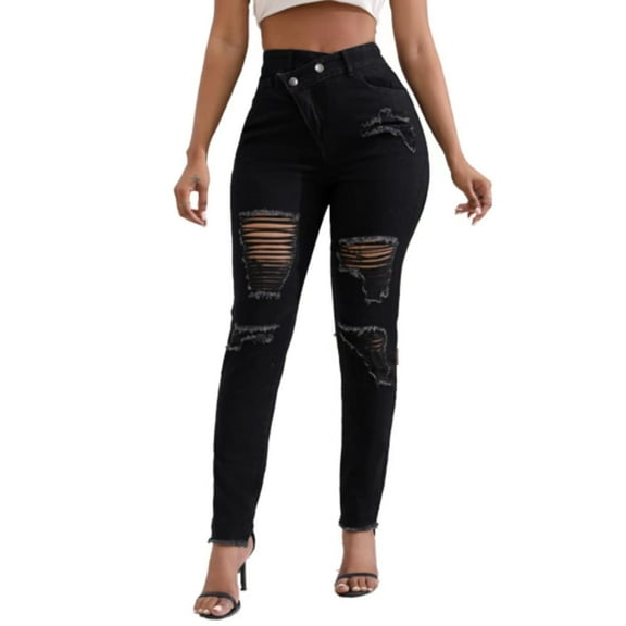 MIXUE Jeans For Women Solid Color Skinny Ripped Stretch Distressed Denim Pants Trousers Activewear,Black,M