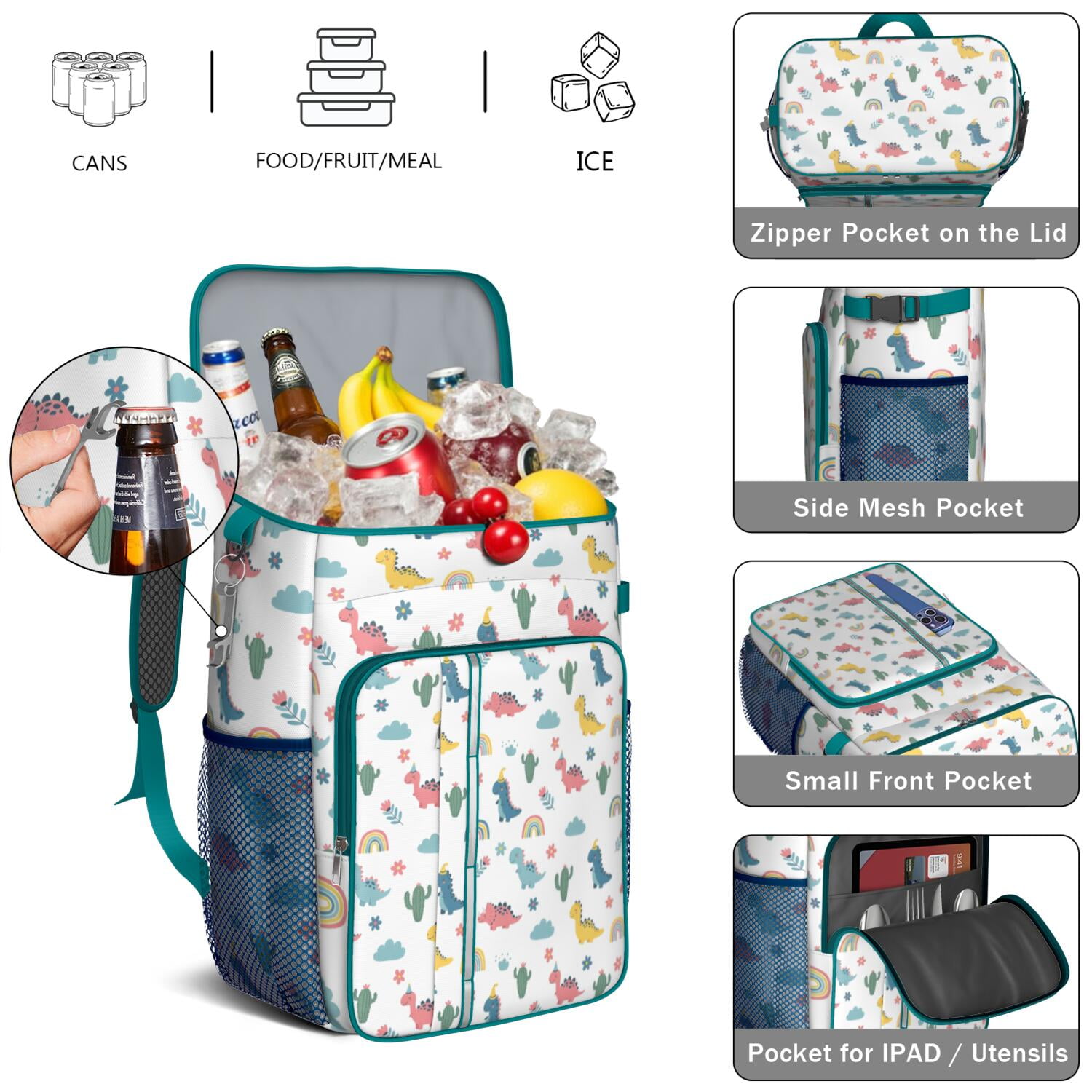 Travel Cooler Bag - White Dinosaurs Rainbows Cacti Pattern Camping Beer Cooler Backpack with Bottle Opener- Waterproof Insulated Picnic Backpacks - Cooler Bag for Beach
