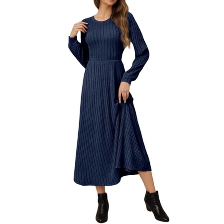 DGMIOCS Women’s Long Sleeve Ribbed Knit Dress for Everyday Wear - Solid Color Tunic Sweater Dress with Round Neck Versatile Seasonal for Women Dark Blue L