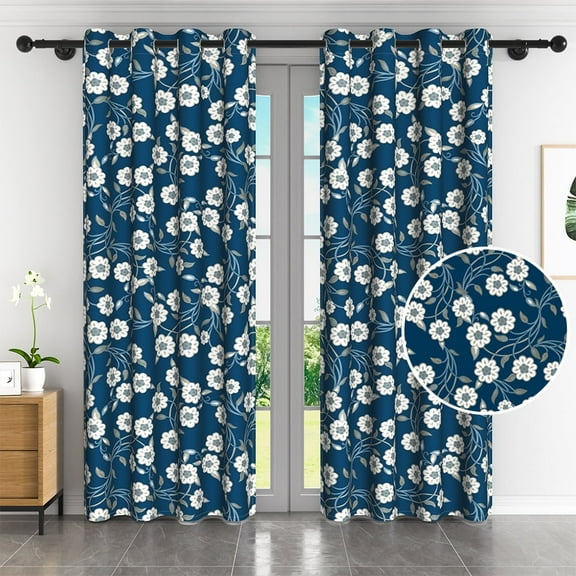 LFEEY Blue Floral Blackout Curtains 63 inches Long for Bedroom Living Room, 2 panels