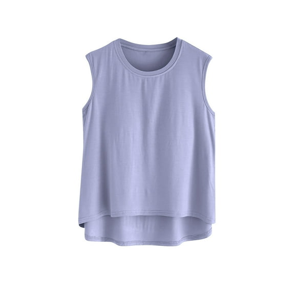 Lovskoo Built In Bra Tank Tops for Women Summer Tops 2024 Tank Tops Round Neck Sleeveless Solid Color Blouse Plain Casual Trendy Regular Sleepwear Tops Blue