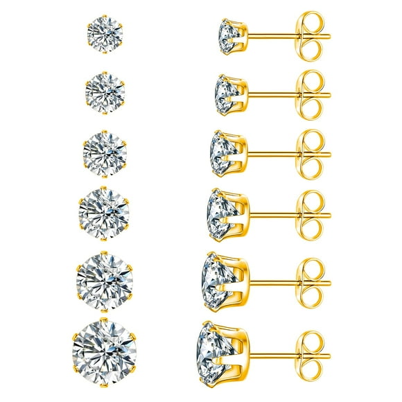 MDFUN 18K Yellow Gold Plated Round Clear Cubic Zirconia Stud Earring Pack of 6 Pairs (6 Pairs)