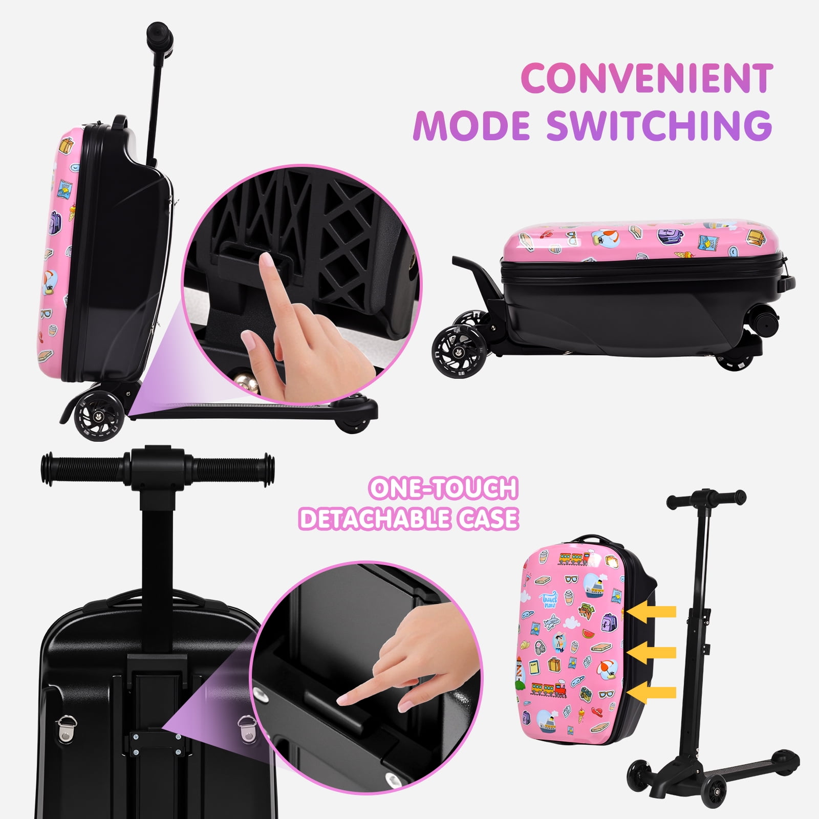 Advwin Kids Scooter Luggage with LED Wheels, 4-in-1 Detachable Foldable Ride-On Suitcase, Travel Sticker Design Hardside Carry-On Travel Luggage, Convertible Backpack, Pink
