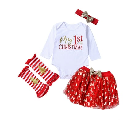 

JYYYBF My First Christmas Clothes Newborn Baby Girl Romper+Dot Tutu Skirt+Leg Warmers+Headband 4Pcs Outfit Set Red 0-6Months