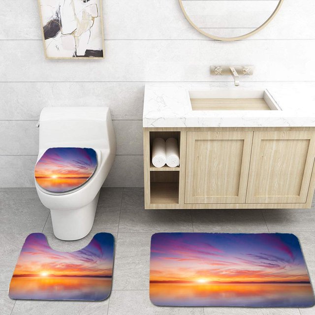 ABPHQTO Puesta de sol sobre el agua Juego de alfombras de baño de 3 piezas Alfombra de baño Alfombra de contorno y tapa de inodoro