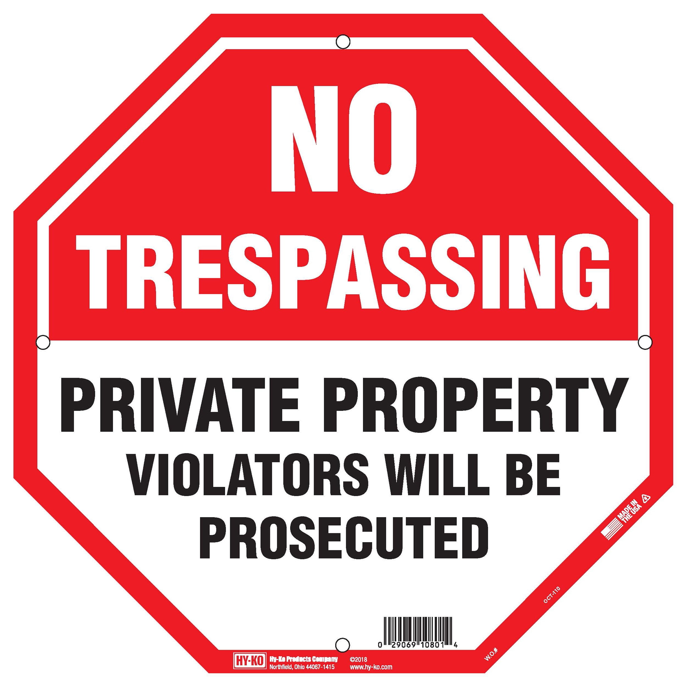 (5 pack) HY-KO 12"X12" Octagon No Trespassing Sign