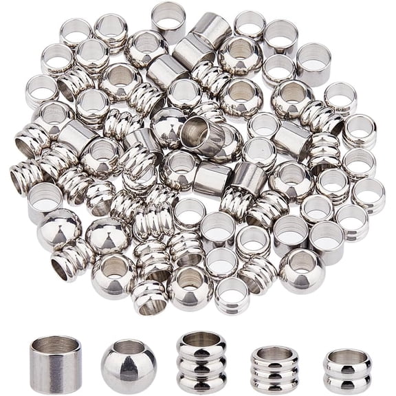 80Pcs 5 Styles Stainless Steel European Beads Silver Column Beads Bulk Hair Beard Bead Large Hole Loose Spacer Bead for DIY Necklace Bracelet Earring Jewelry Making for making
