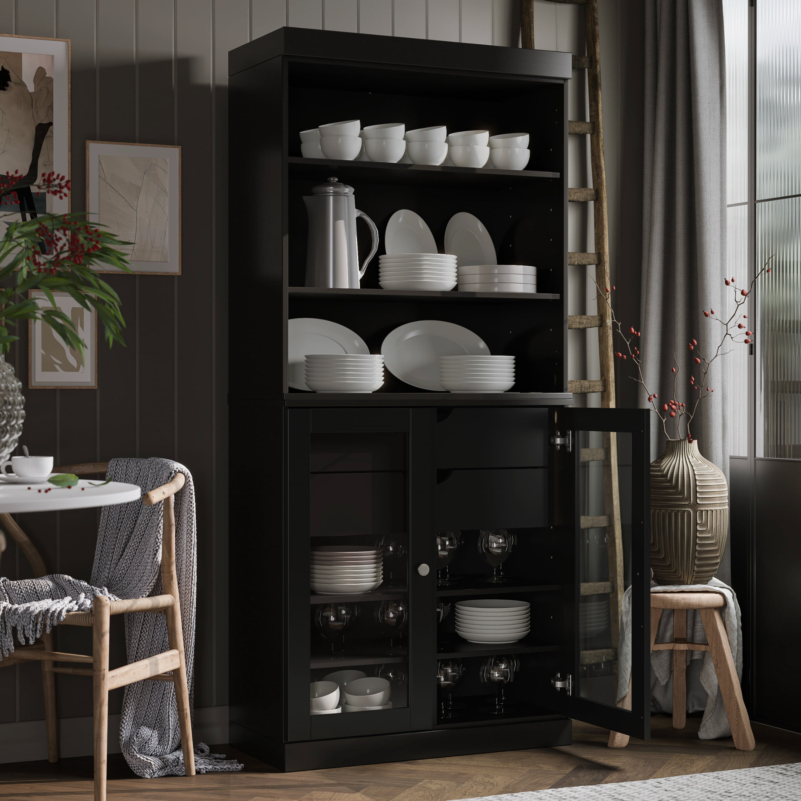 Palace Imports 100% Solid Wood 32" Kitchen Pantry Storage Cabinet with Glass Doors, Adjustable Shelves and 2-Drawers, Black