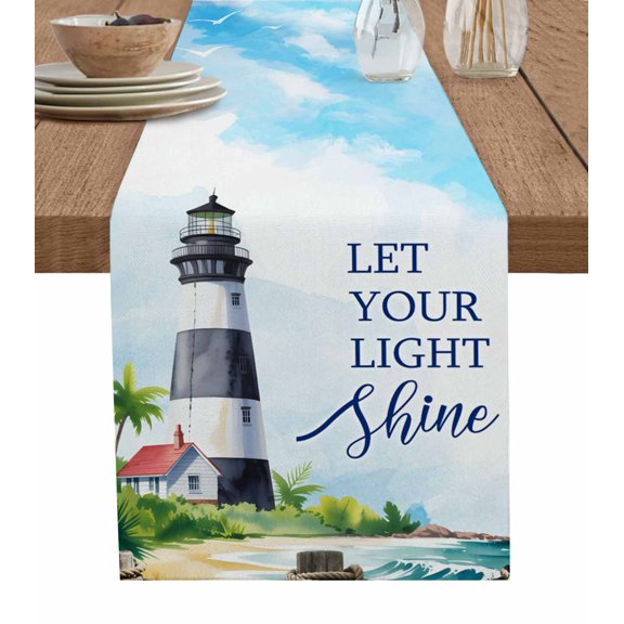 Lighthouse Table Runner 60 Inches, Blue Coastal Nautical Ocean Beach Palm Tree Bed Runner Dresser Scarves Tabletop for Indoor Outdoor Parties/Ceremony/Banquet, 13" x 60"