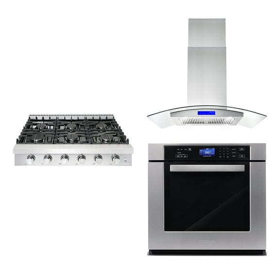 3 Piece Kitchen Package With 36" Slide-In Gas Cooktop 36" Island Range Hood 30" Single Electric Wall Oven