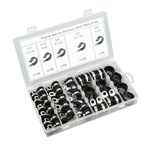 304 Stainless Steel Rubber Cushion wire clamps,Pipe Clamps in 6 Sizes 1/4 5/16 3/8 1/2 5/8 3/4 Solarson 52pcs Cable Clamps Assortment Kit
