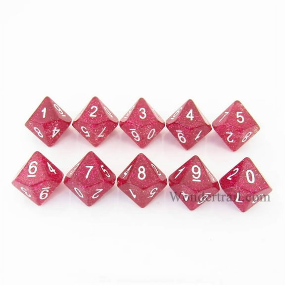 Purple Glitter Dice with White Numbers D10 16mm (5/8in) Pack of 10 Koplow Games