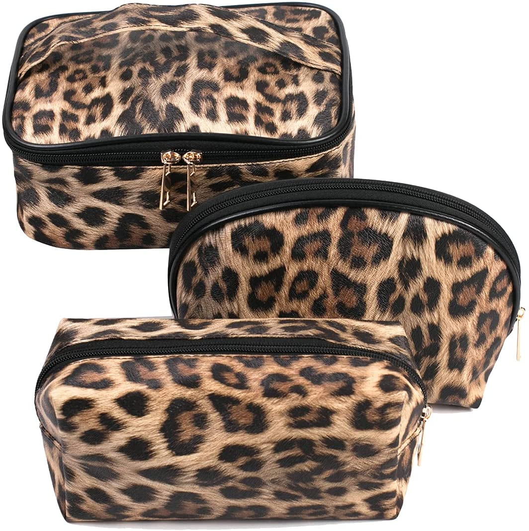 Makeup Bag Leopard Travel Large Toiletry Bag 3 Pack Portable Cheetah  Cosmetic Organizer Pouch with Small Brush Storage Case Gold Zipper  Waterproof for Women and Girls 
