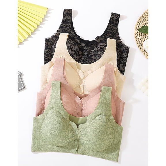 Gymayou Front Button Closure Bra for Older Women No Underwire Floral Lace Wireless Comfort Bra Wide Strap Full Coverage Bras Beige L