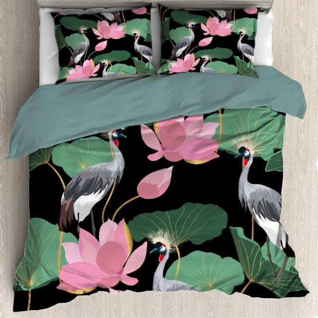 con Crane y Lotus Funda Nórdica Queen 90 x 90 en Microfibra Lavada Ultra Suave
