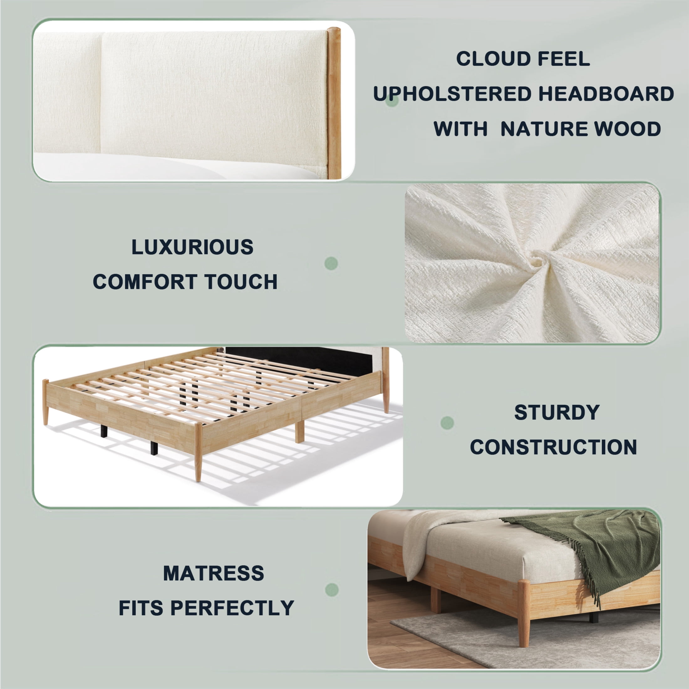 Christopher Knight Home Wood King Bed Frame with White Upholstered Headboard, No Box Spring, Natural