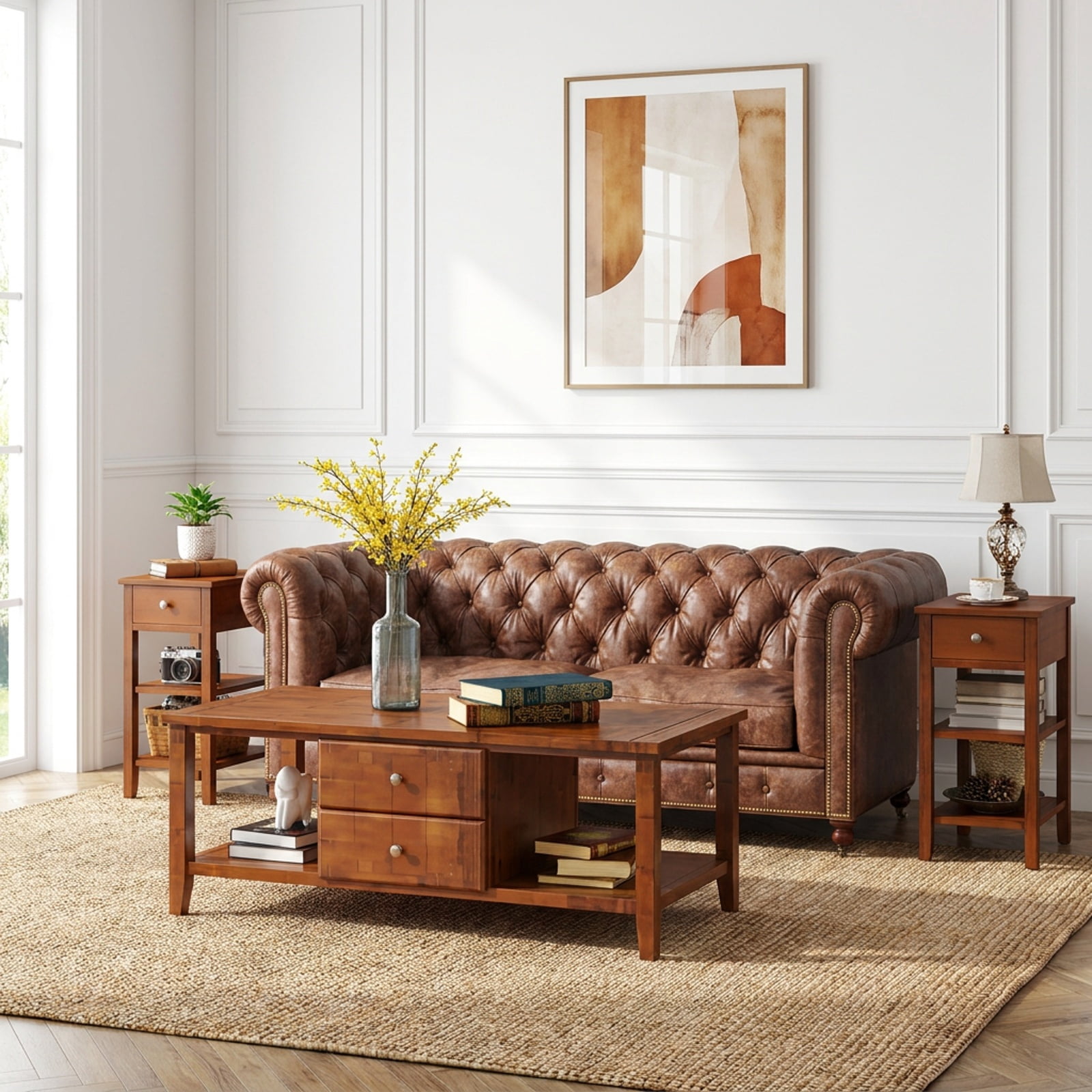 Furnibear 3 Tier Narrow End Table Set of 2 with Pull Out Drawer and Open Storage Shelves and Rubber Wood Legs for Living Room, Brown