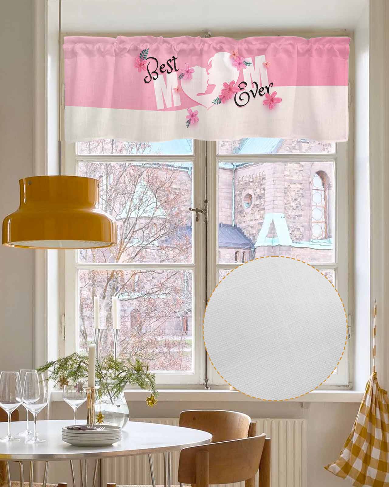 Mothers Day Linen Curtain Valance for Bedroom/Bathroom/Kitchen/Office/Living/Dining Room Windows,Best Mother Mom Pink Flowers Rod Pocket Topper Drapes Decorative Cafe Drapery Panel 60x18