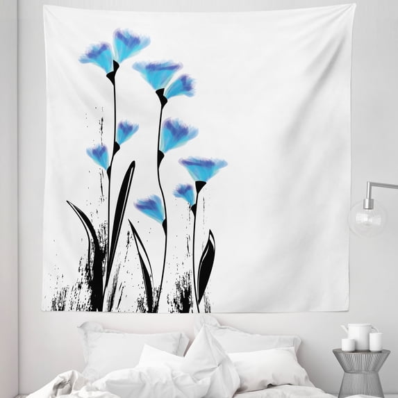 Floral Tapestry, Vector Flowers Turkish Ottoman Tulips in Ombre Watercolored Image, Fabric Wall Hanging Decor for Bedroom Living Room Dorm, 5 Sizes, Charcoal Grey Sky Blue, by Ambesonne