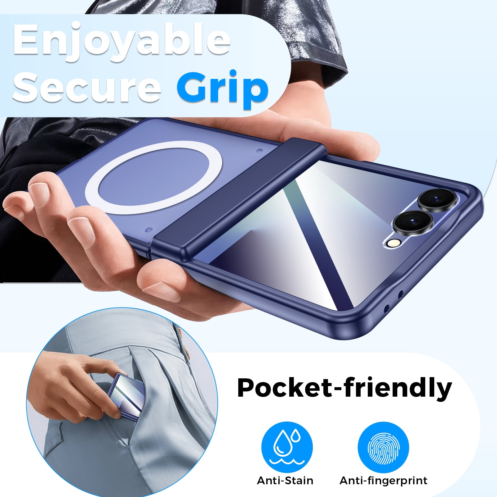 Vizvera for Samsung Galaxy Z Flip 7 Case,with Magnetic Power [Slim Design][Screen Protector][Hinge Protection] Translucent Matte Shockproof Protective Phone Case-Blue