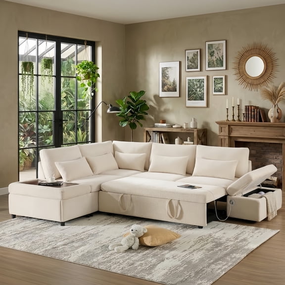 Howcool 107" Sleeper Sectional Sofa with Pull Out Bed, Modular L-Shaped Couch with Storage Chaise, USB Ports, Adjustable Armrests, Chenille Sofa,Beige