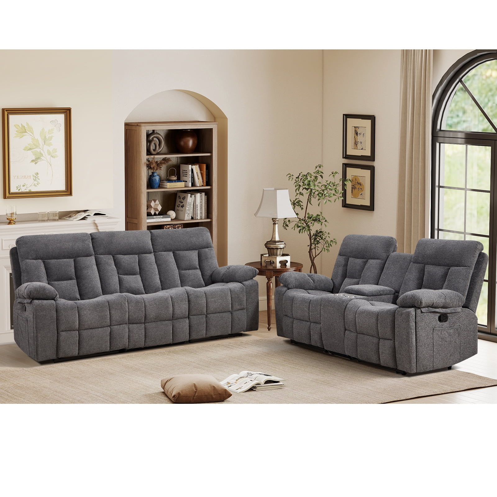 Bonzy Home 2-Piece Recliner Sofa Set — Reclining Loveseat & Extra-Wide 3-Seat Bonded Fabric Sofa, Gray