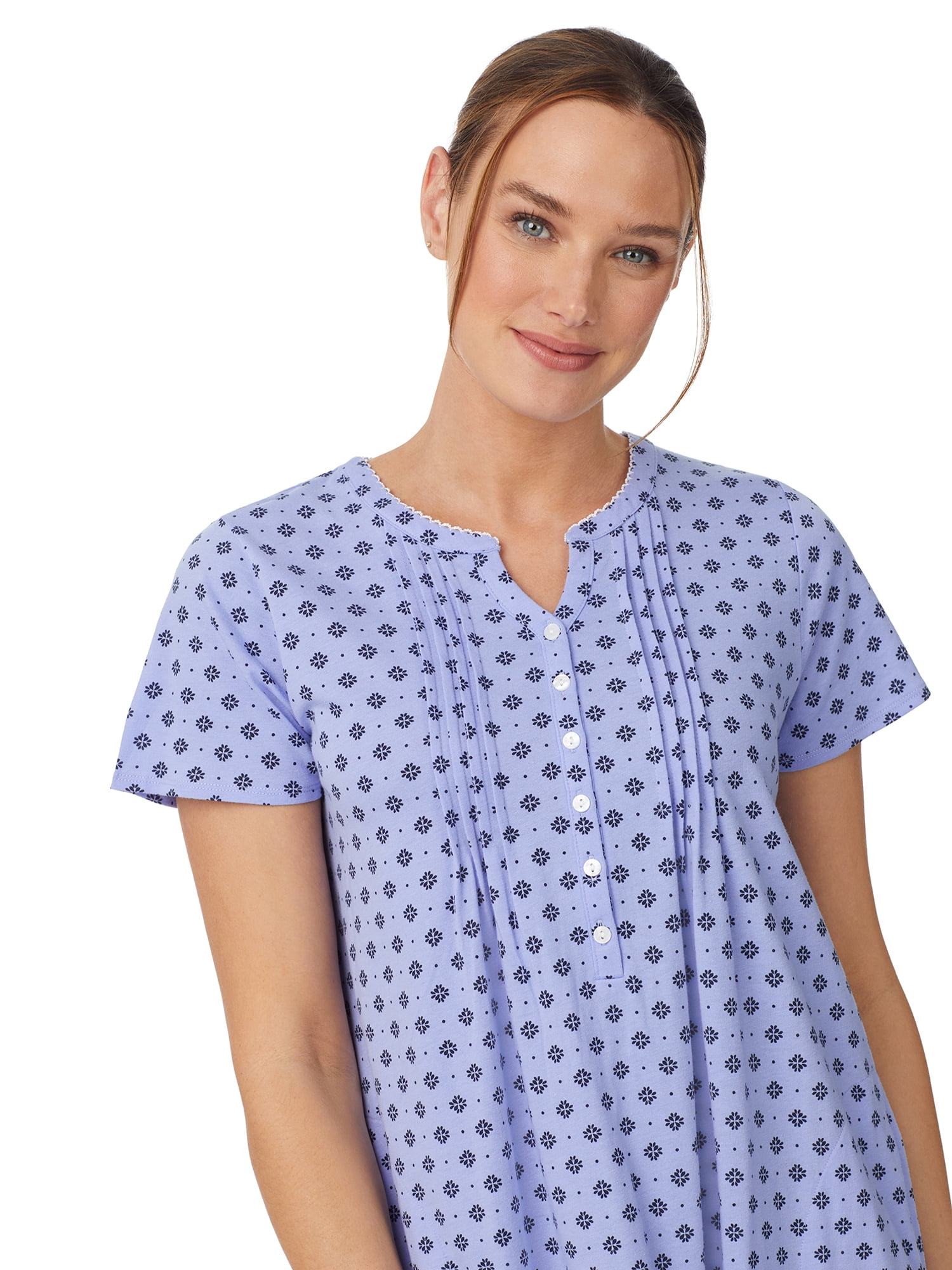 Aria Women’s Short Sleeve Split Neck Henley Nightgown 40”, Sizes XS to 5X