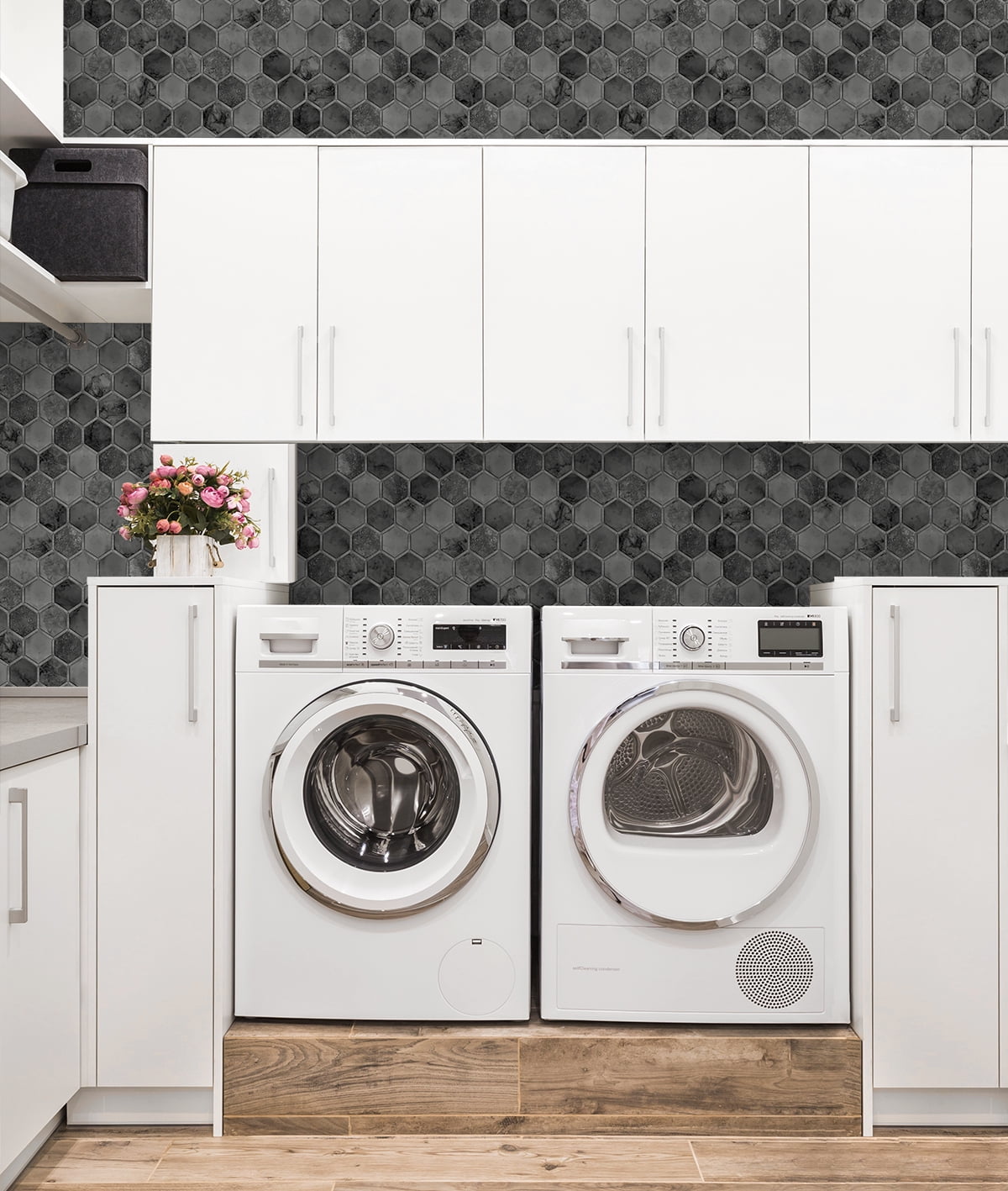 NextWall Cosmic Black & Metallic Silver Inlay Hexagon Peel and Stick Wallpaper