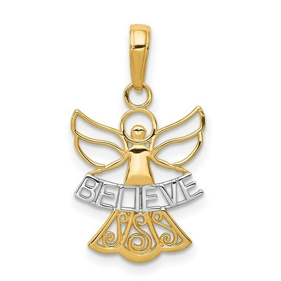 14k Yellow Gold Solid Polished and Rhodium Believe Religious Guardian Angel Pendant Necklace Measures 23.3x14.7mm - Pend
