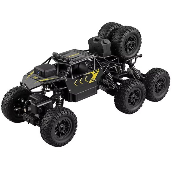 Camioneta RC 6WD Negra con Cámara WiFi, 2.4G Escalada Extrema, Chasis Metal+ABS, Llantas Todoterreno Grandes, Luces LED, para Niños 8+