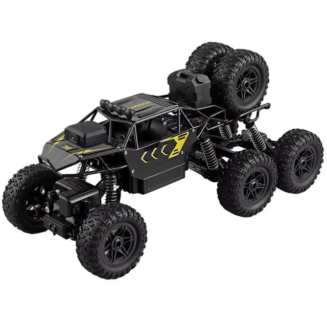 Camioneta RC 6WD Negra con Cámara WiFi, 2.4G Escalada Extrema, Chasis Metal+ABS, Llantas Todoterreno Grandes, Luces LED, para Niños 8+