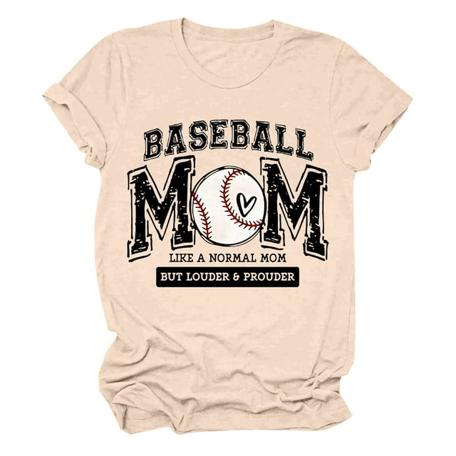 Mifelio Hauts de Printemps pour Femmes 2024 T-Shirt Décontracté à Manches Courtes Col Rond Baseball Maman comme une Maman Normale Imprimé Lettre Beige L