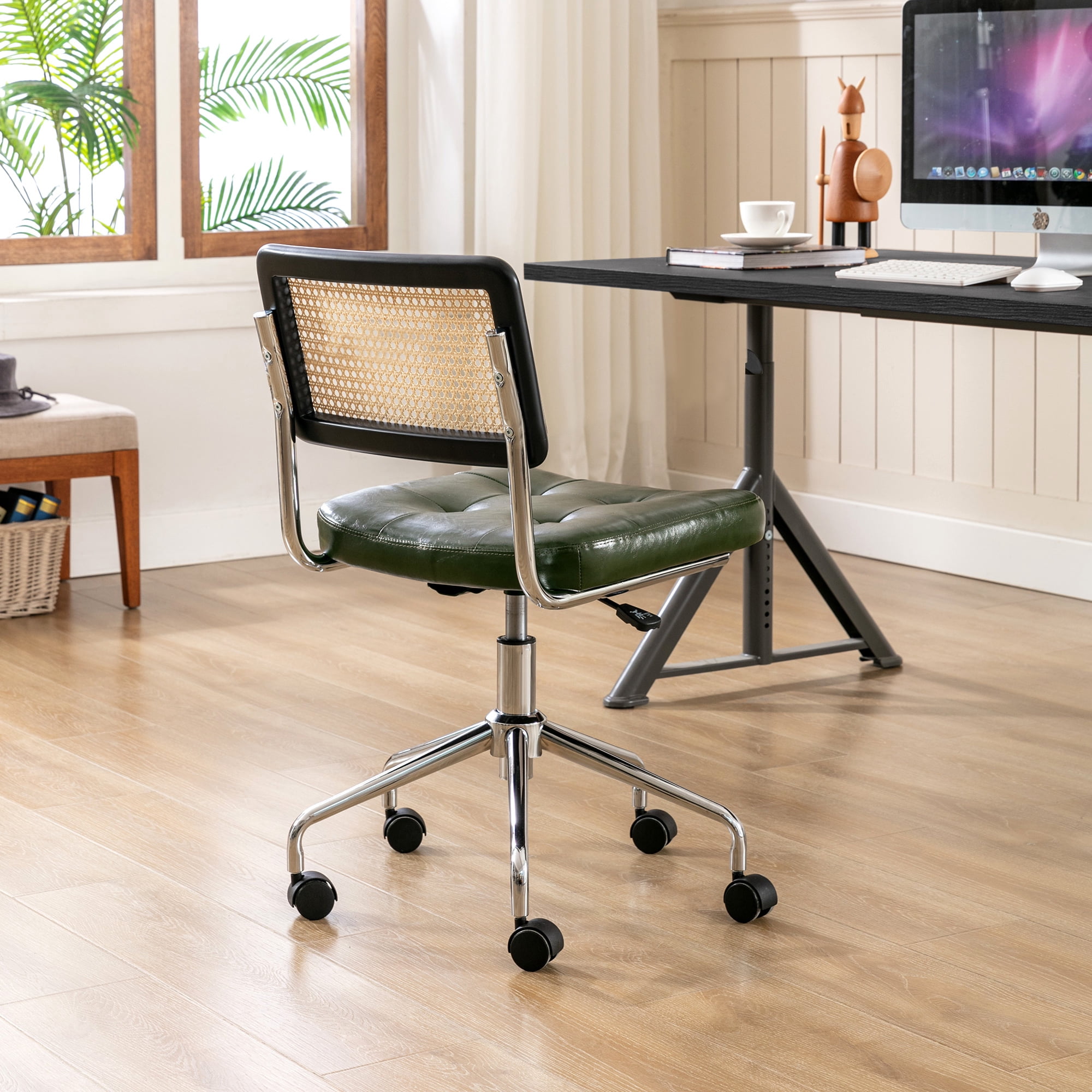 Zesthouse Mid Century Faux Leather Home Office Chair with Rattan Back, 360° Swivel Upholstered Desk Chair on Wheels, Tufted Computer Task Chair for Living Room & Office Room, Green