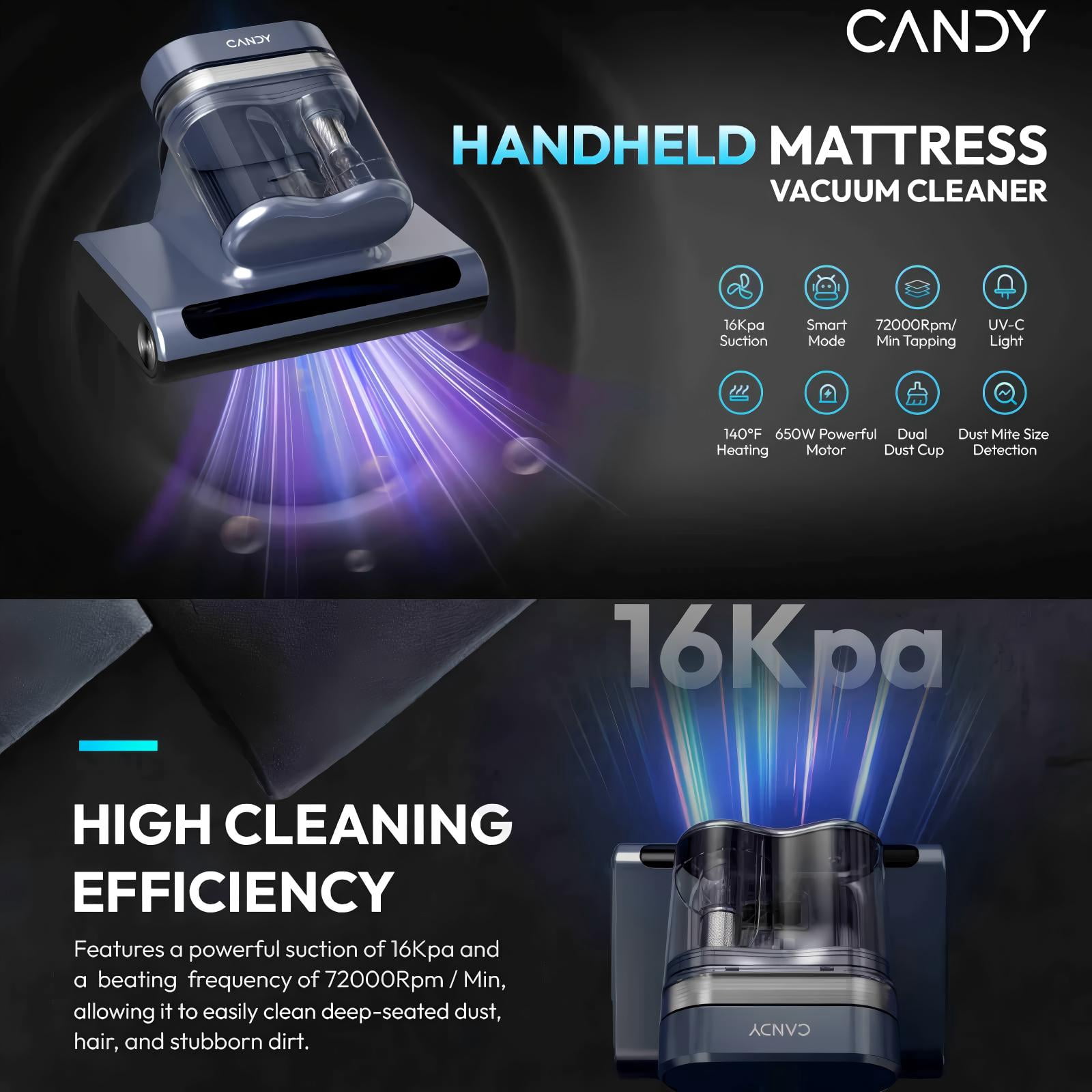 Candy® Mattress Vacuum Cleaner, 16Kpa Bed Vacuum Cleaner with UV-C Light, 140°F Heat, 4 Level HEPA Filter & Ultrasonic, Versatile Handheld Vacuums for Bed, Sofa, Couch, Crib (Corded, 650W)