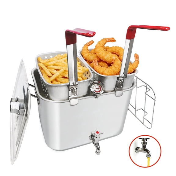 36QT Aluminum Deep Fryer Pot with Baskets &Spigot，Durable Rectangular Fish Fryers with Thermometer，Complete Outdoor Cooking Kit for Frying Fish,Chicken Wings, French Fries